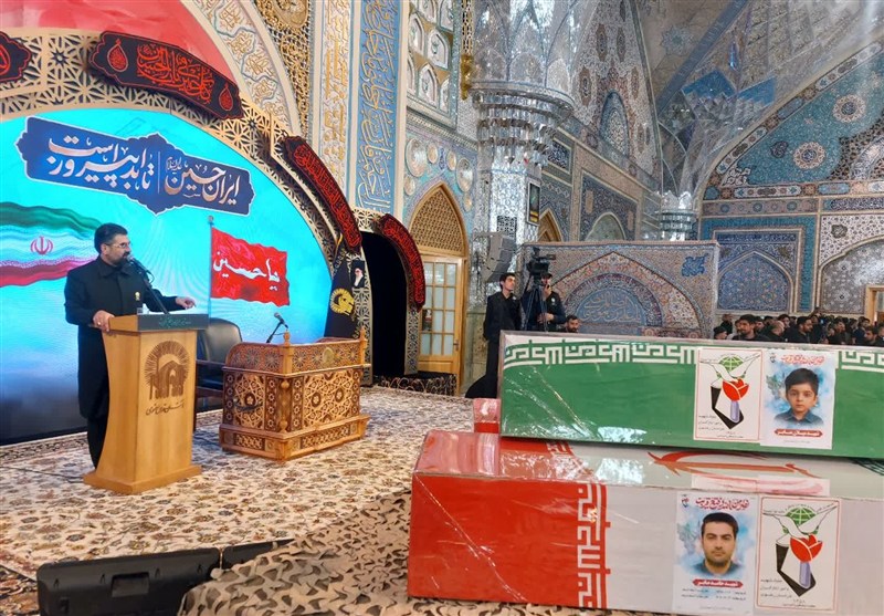 وداع با پیکر مطهر ۴ شهید جنایت رژیم صهیونی در حرم رضوی + تصاویر