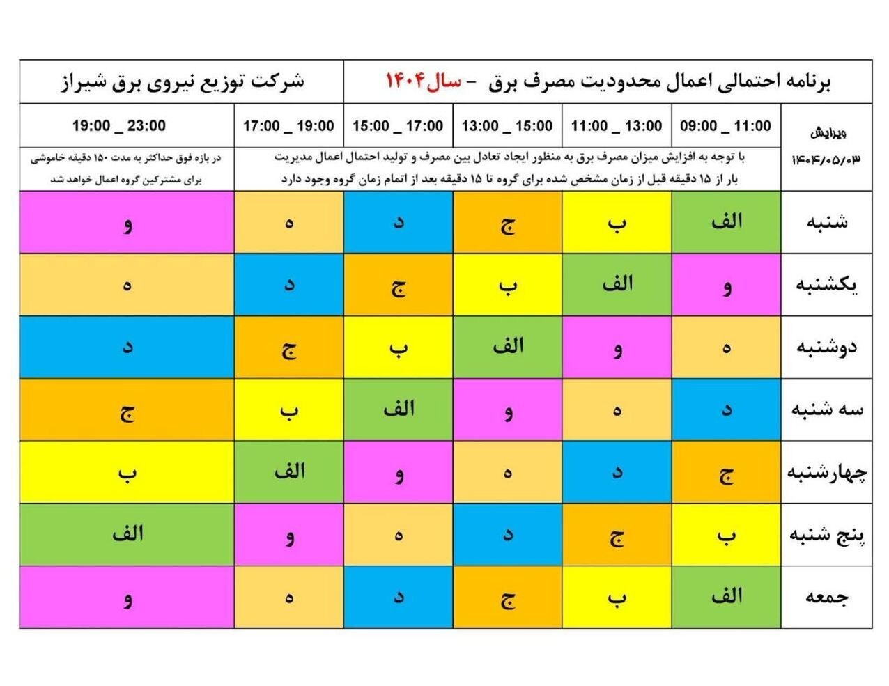 احتمال ناپایداری در برنامه قطع برق شیراز با توجه به رشد مصرف و گرمای هوا + جدول