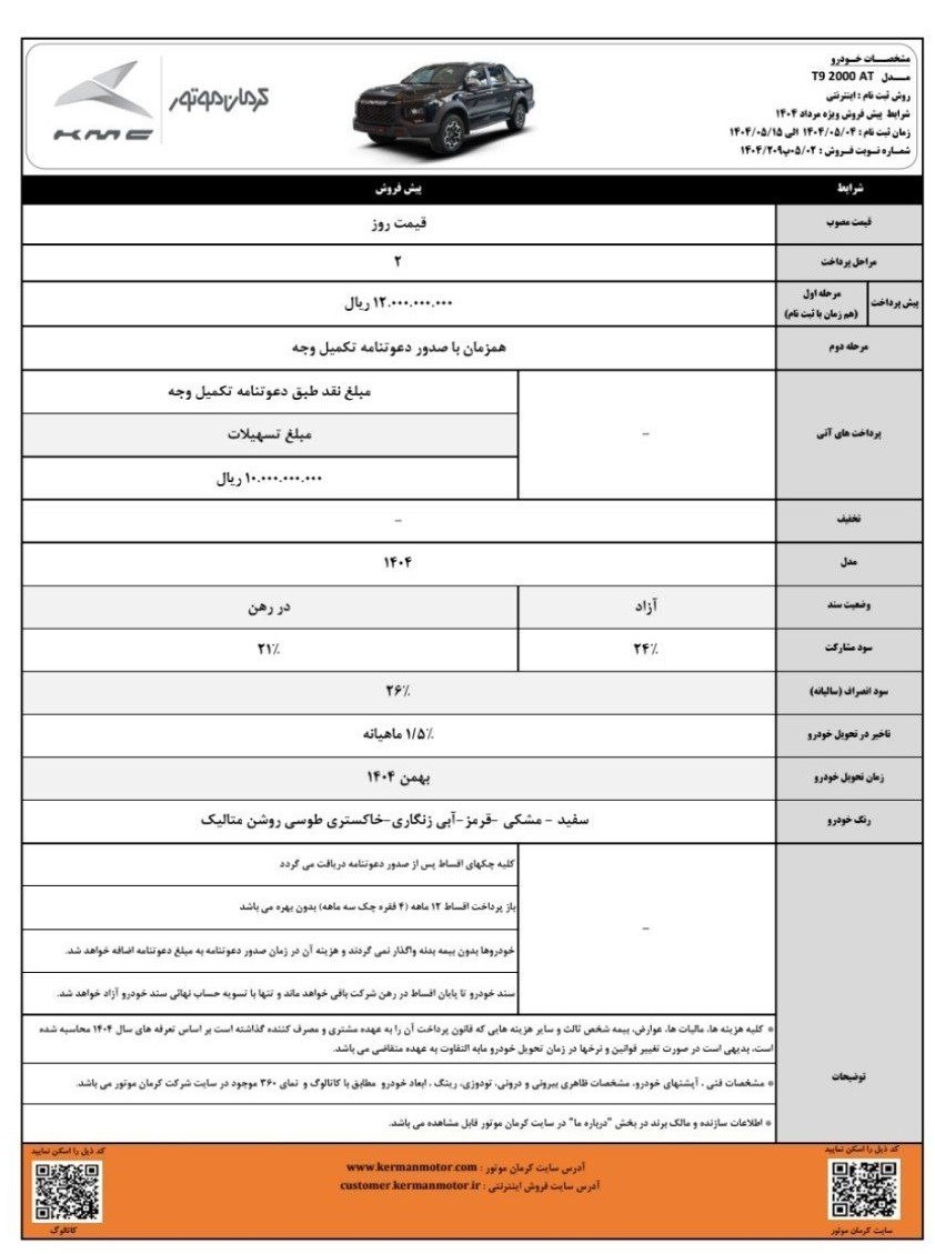 طرح جدید پیش فروش محصولات کرمان موتور+جدول
