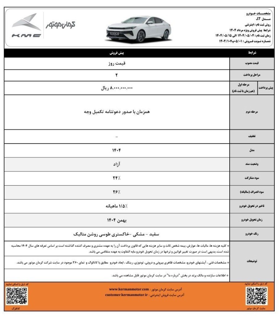 طرح جدید پیش فروش محصولات کرمان موتور+جدول