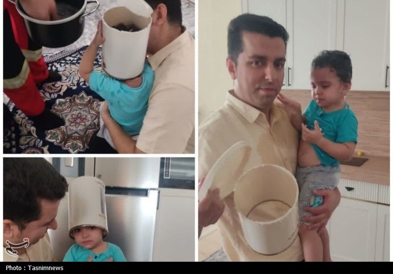 آتش‌نشانان قمی کودک گرفتار در سطل را نجات دادند+ عکس