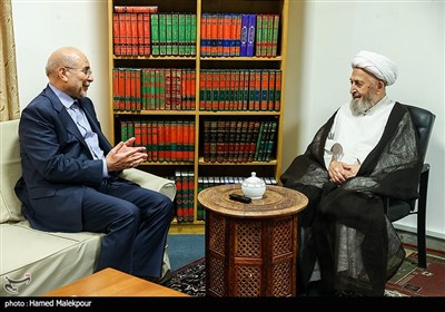 دیدار محمدباقر قالیباف رئیس مجلس شورای اسلامی و آیت‌الله شیخ جعفر سبحانی از مراجع عظام تقلید