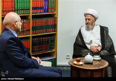 دیدار محمدباقر قالیباف رئیس مجلس شورای اسلامی و آیت‌الله شیخ جعفر سبحانی از مراجع عظام تقلید